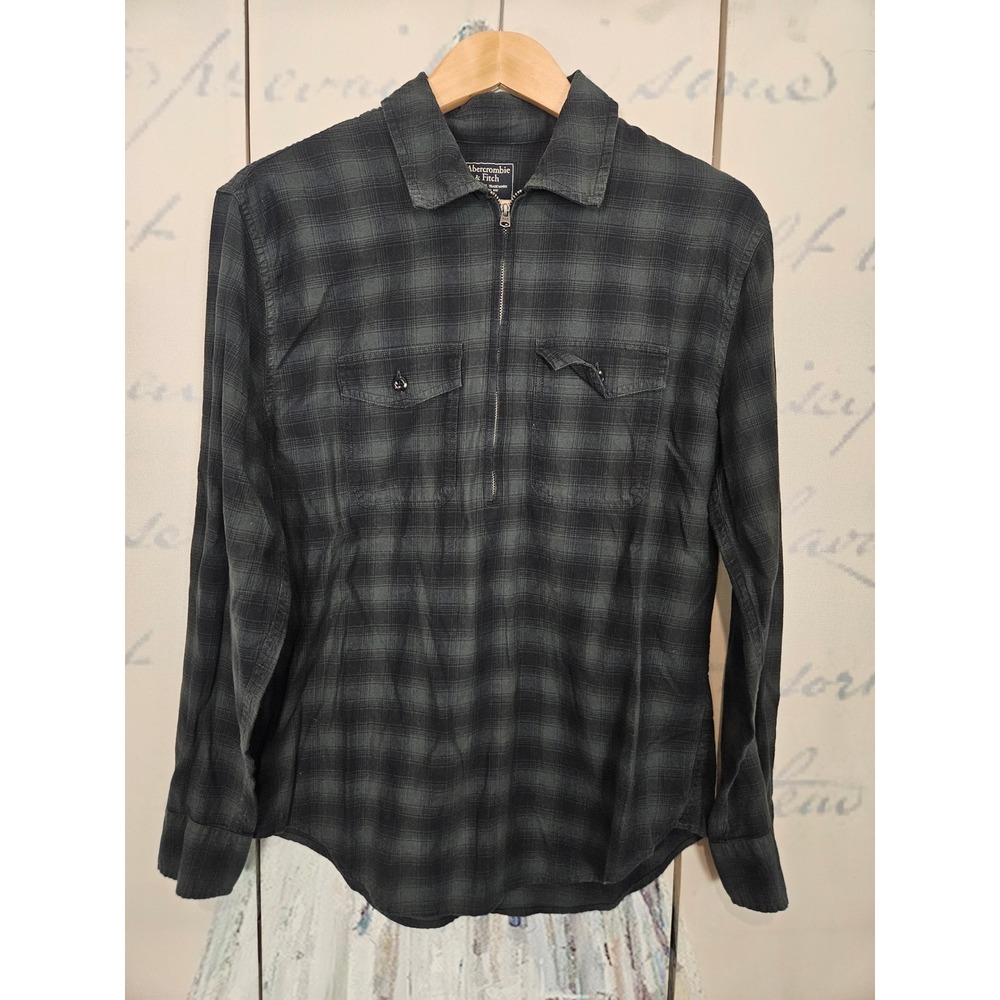 Abercrombie &‎ Fitch Quarter Zip Flannel Shirt Small Black Green Plaid Grunge